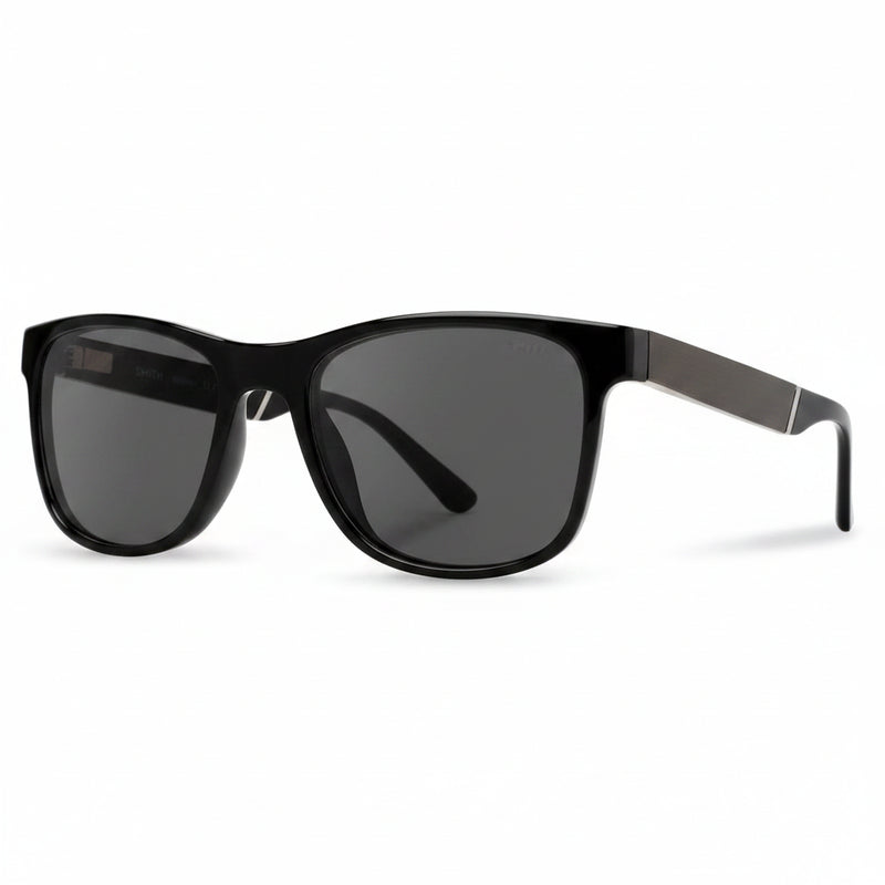 Black sunglasses with dark grey lenses and metal arms