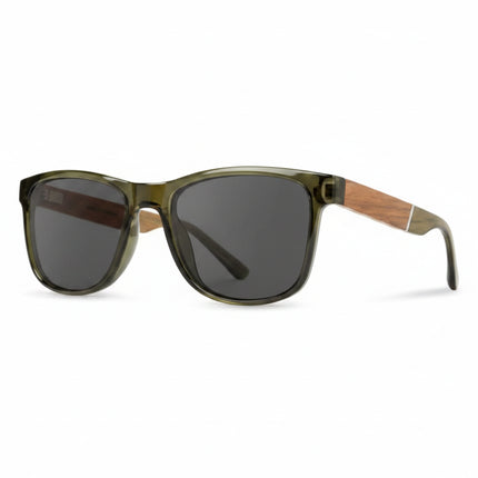 Green frame sunglasses with dark lenses and wooden arms