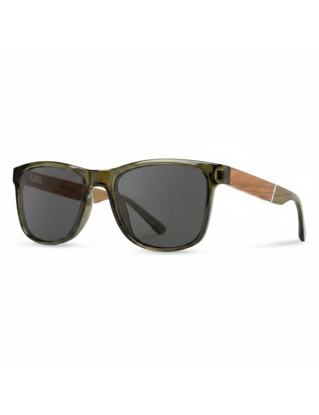 Green frame sunglasses with dark lenses and wooden arms