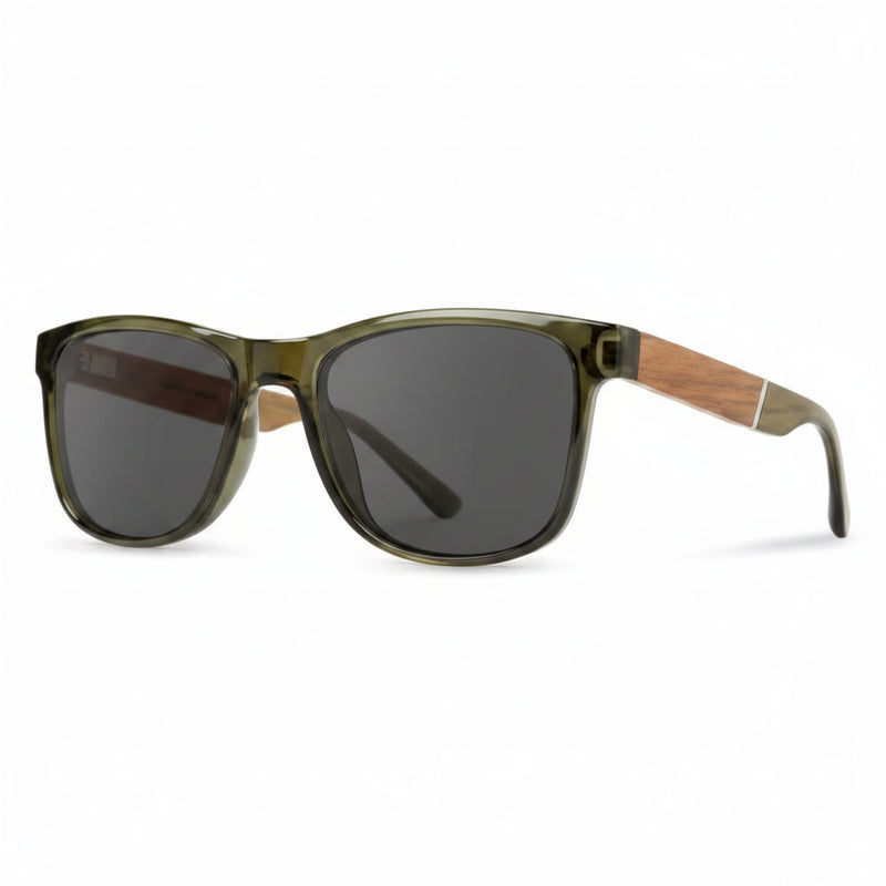 Green frame sunglasses with dark lenses and wooden arms