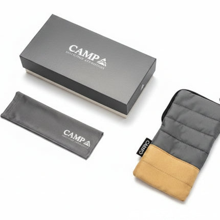 Camp branded box, grey pouch, and grey and tan padded case