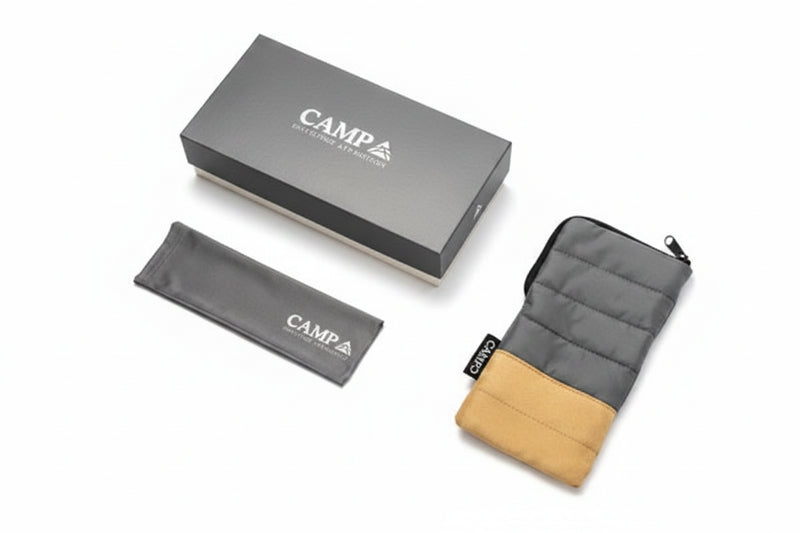 Camp branded box, grey pouch, and grey and tan padded case