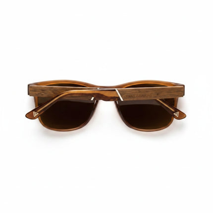 Brown sunglasses with dark lenses and wooden frames