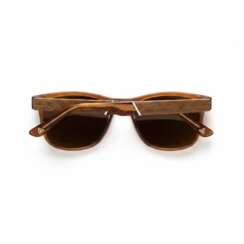 Brown sunglasses with dark lenses and wooden frames