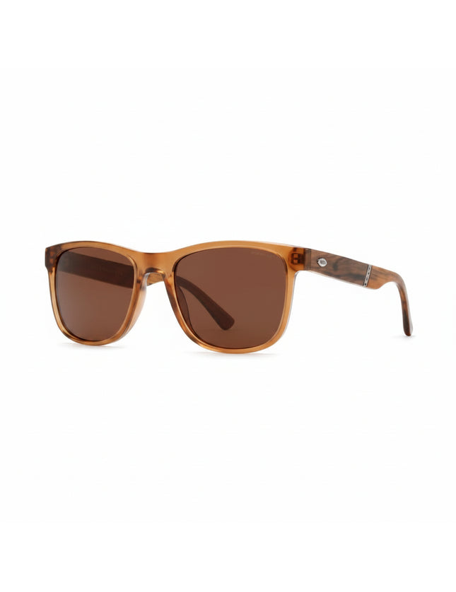 Brown sunglasses with dark lenses and wooden arms
