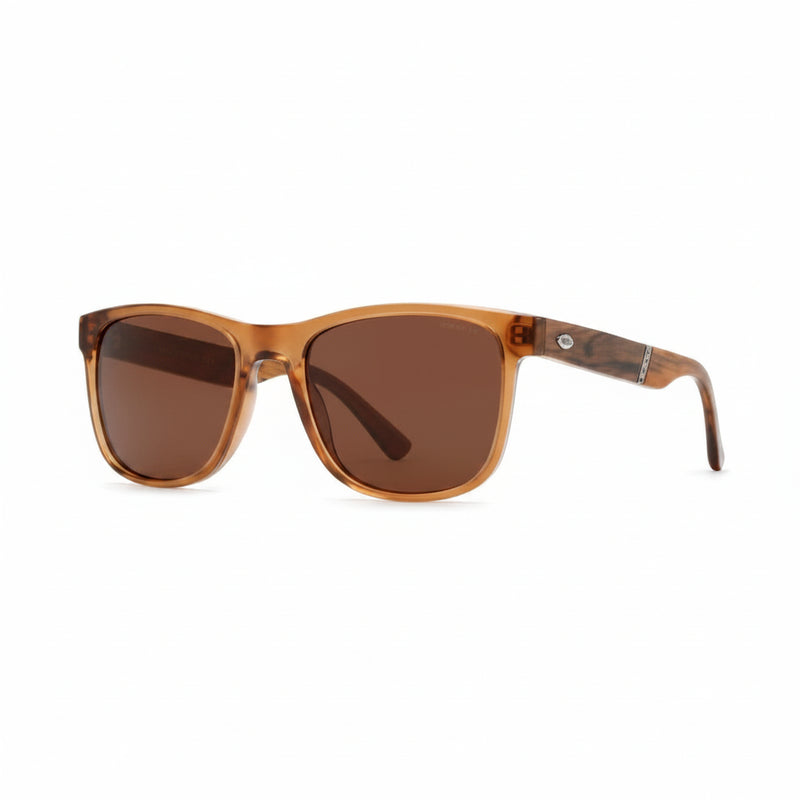 Brown sunglasses with dark lenses and wooden arms