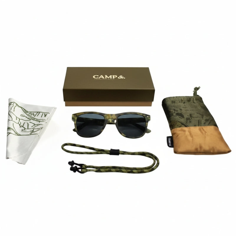 Camo sunglasses with case, strap, cleaning cloth, and box