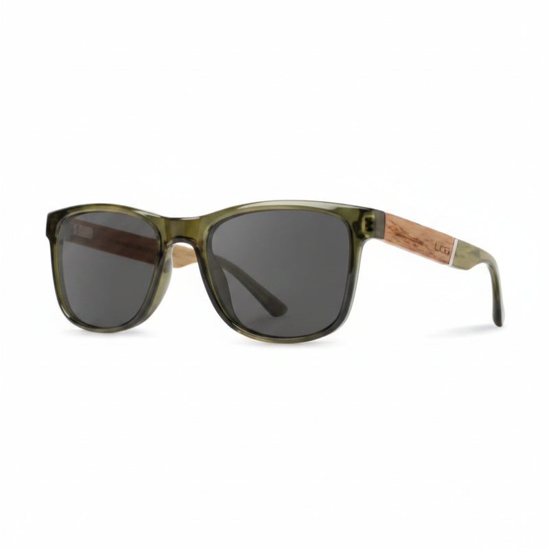 Green frame sunglasses with dark lenses and wooden arms