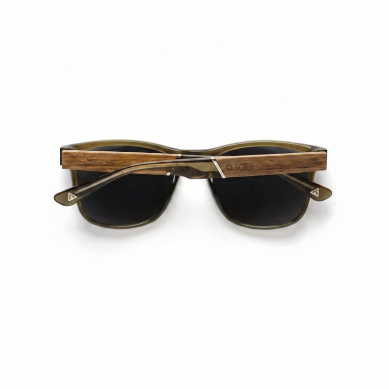 Top-down view of brown sunglasses with dark lenses and wooden arms