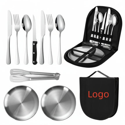 Stainless steel cutlery set including knives, forks, spoons, tongs, plates, and a black carrying case