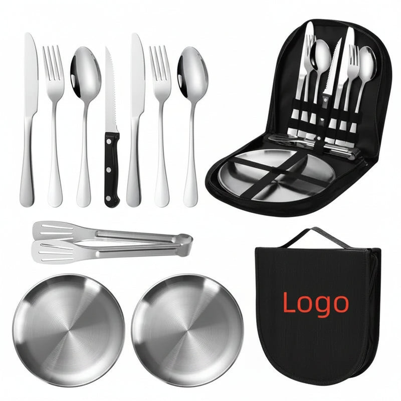 Stainless steel cutlery set including knives, forks, spoons, tongs, plates, and a black carrying case