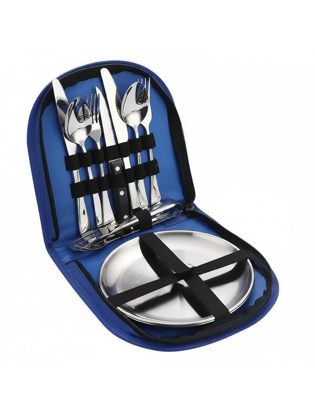 Blue zippered case holding stainless steel cutlery set and two plates