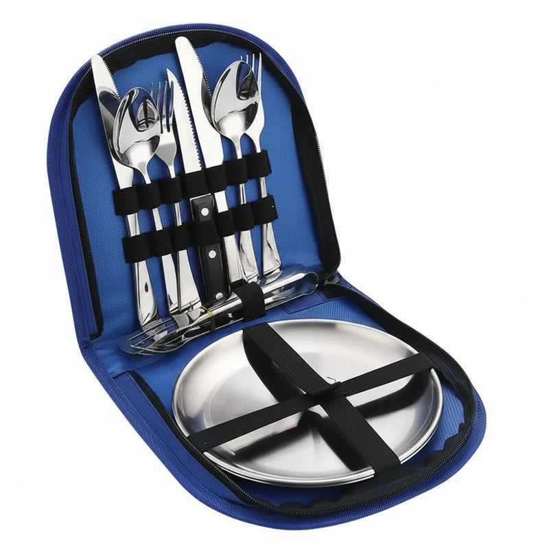 Blue zippered case holding stainless steel cutlery set and two plates