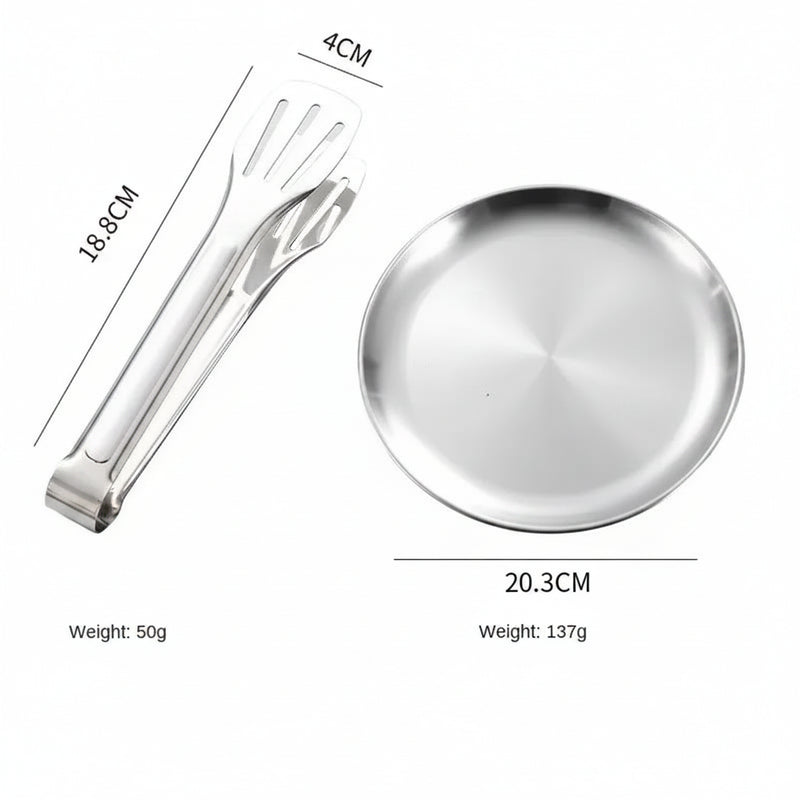 Stainless steel tongs and round plate with dimensions and weights