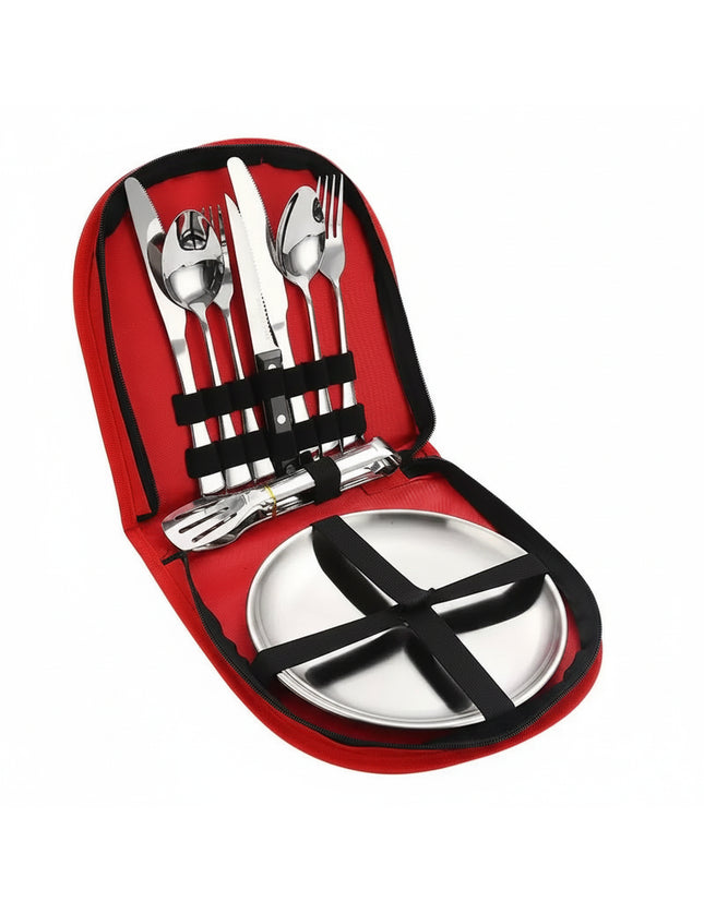 Red zippered case with stainless steel cutlery set and plates