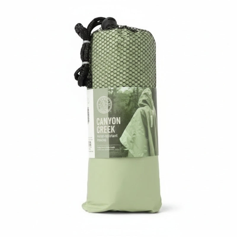 Canyon Creek poncho in a light green mesh and solid green storage bag