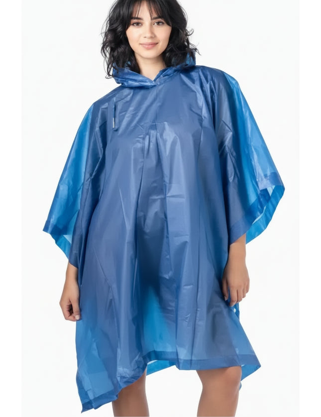 Woman wearing a blue disposable rain poncho