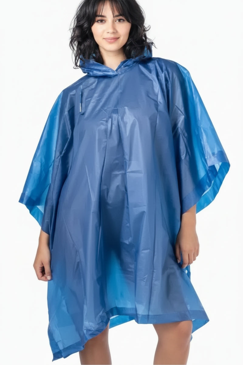 Woman wearing a blue disposable rain poncho