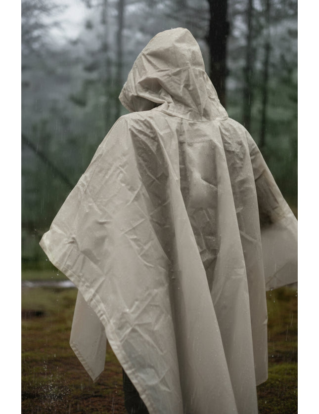 Person wearing a hooded beige poncho in a forest