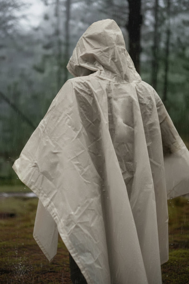 Person wearing a hooded beige poncho in a forest
