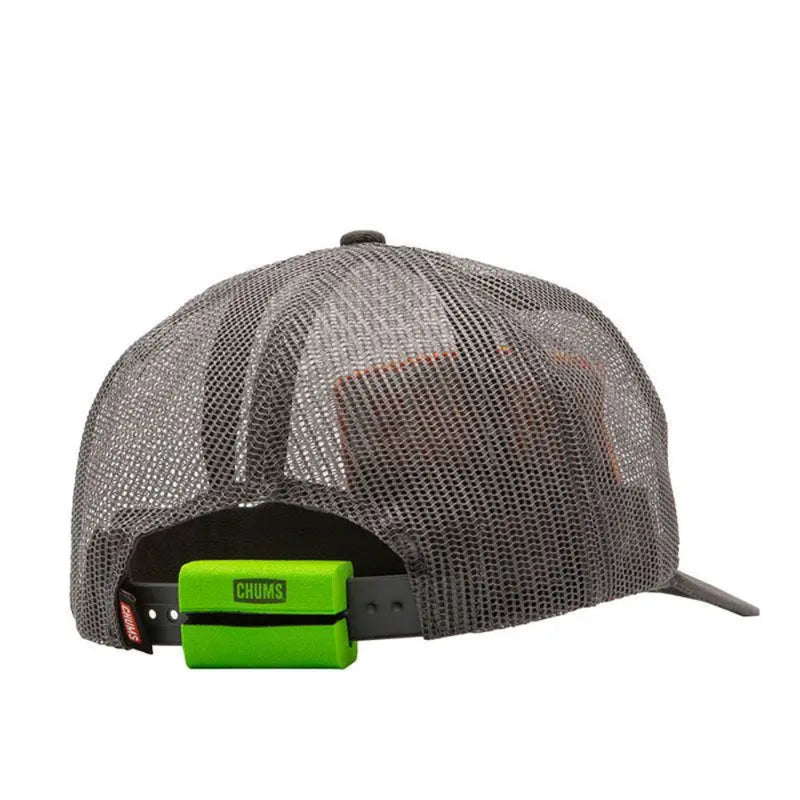 Back view of a grey mesh baseball cap with a green Chums brand clip attached to the adjustable strap