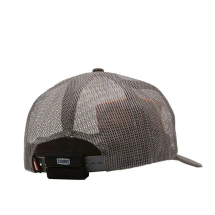 Rear view of a grey mesh trucker hat with a black adjustable strap and a small black tag with CHUMS in white