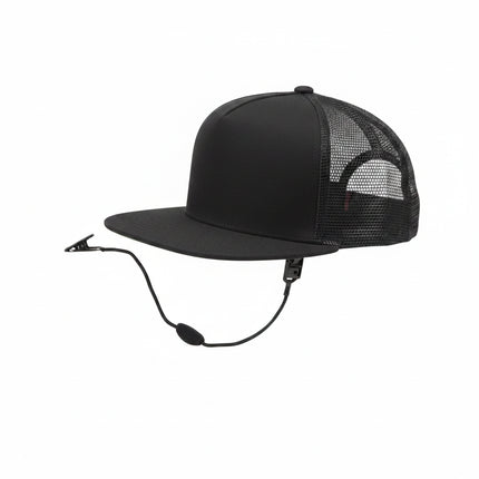 Black baseball cap with a grey brim and a black cord with a clip attached to the back