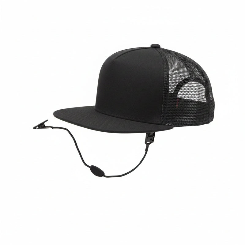 Black baseball cap with a grey brim and a black cord with a clip attached to the back