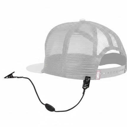 White mesh trucker hat with a black clip and cord attached to the back