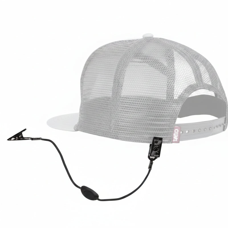White mesh trucker hat with a black clip and cord attached to the back