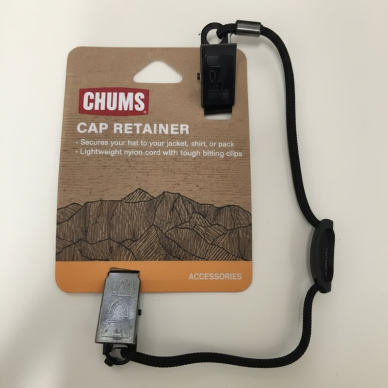 Chums cap retainer with black cord and two clips on a brown and orange product card