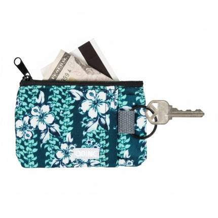 Small floral patterned pouch with zipper closure, holding cards and a key attached to a ring