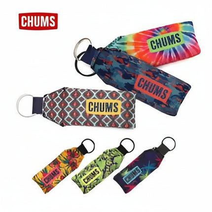 Chums brand logo and five patterned keychains with Chums logo
