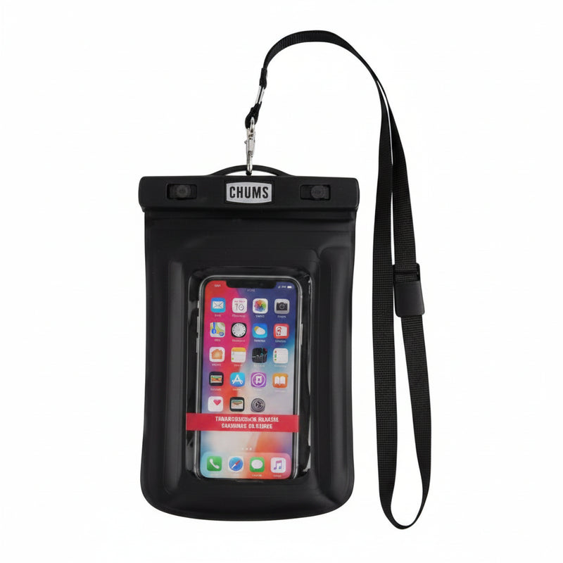Black waterproof phone pouch with a clear window displaying a smartphone, attached to a black lanyard