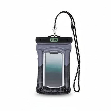 Waterproof phone pouch with a black and white lanyard