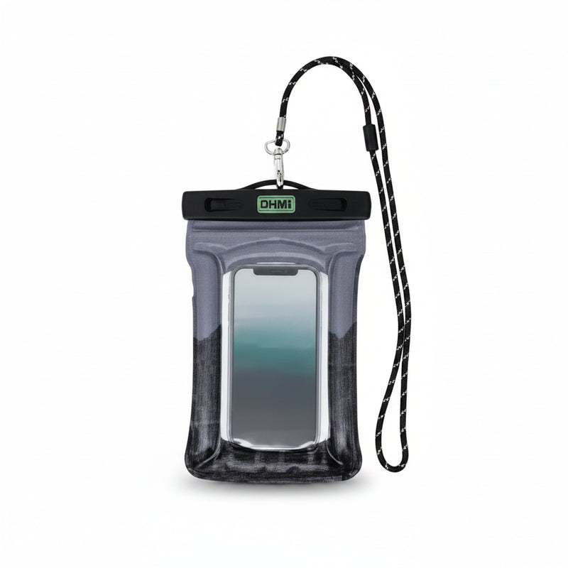 Waterproof phone pouch with a black and white lanyard