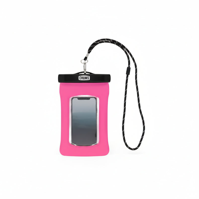 Pink waterproof phone case with a black strap