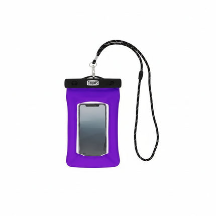 Purple waterproof phone case with a black lanyard