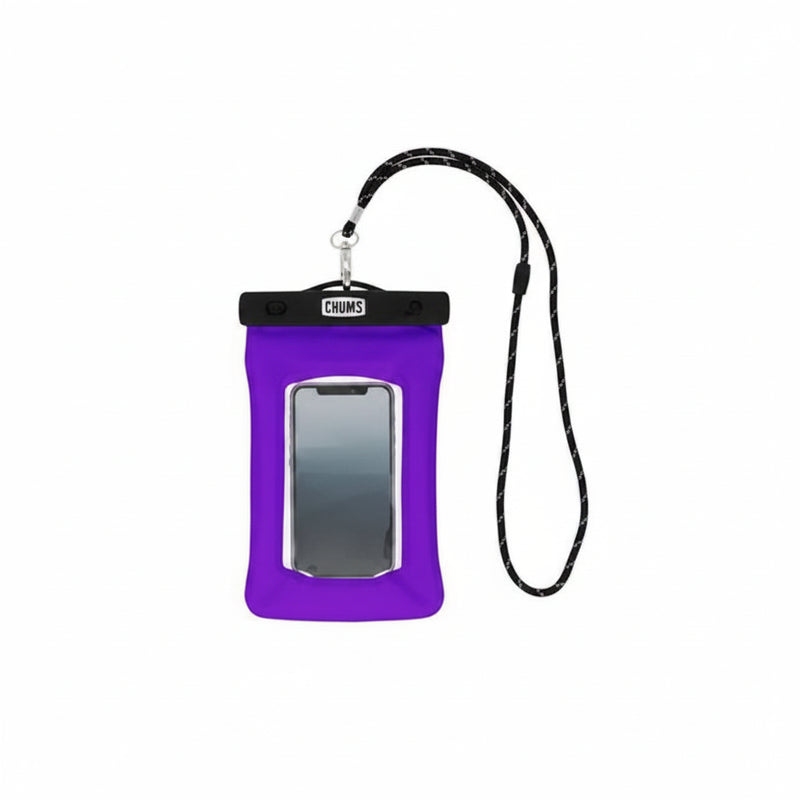 Purple waterproof phone case with a black lanyard