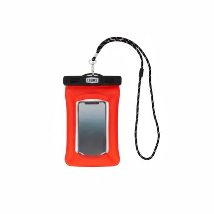 Red waterproof phone case with a black lanyard