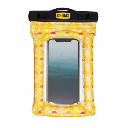 Chums yellow phone case with a clear window showing a phone screen