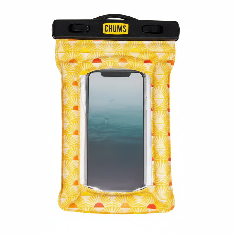 Chums yellow phone case with a clear window showing a phone screen