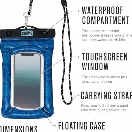 Blue waterproof phone case with a touchscreen window, carrying strap, and floating case features