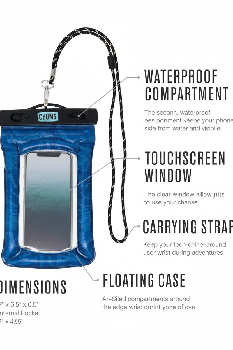 Blue waterproof phone case with a touchscreen window, carrying strap, and floating case features