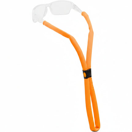 Orange eyewear retainer with black and orange clasp, attached to clear frame glasses