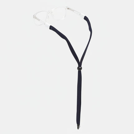 Navy blue glasses strap attached to clear frame glasses