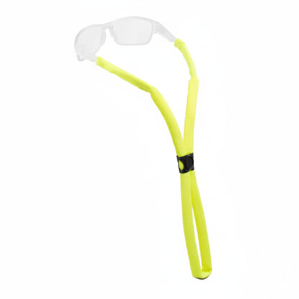 Neon yellow glasses strap with clear glasses attached