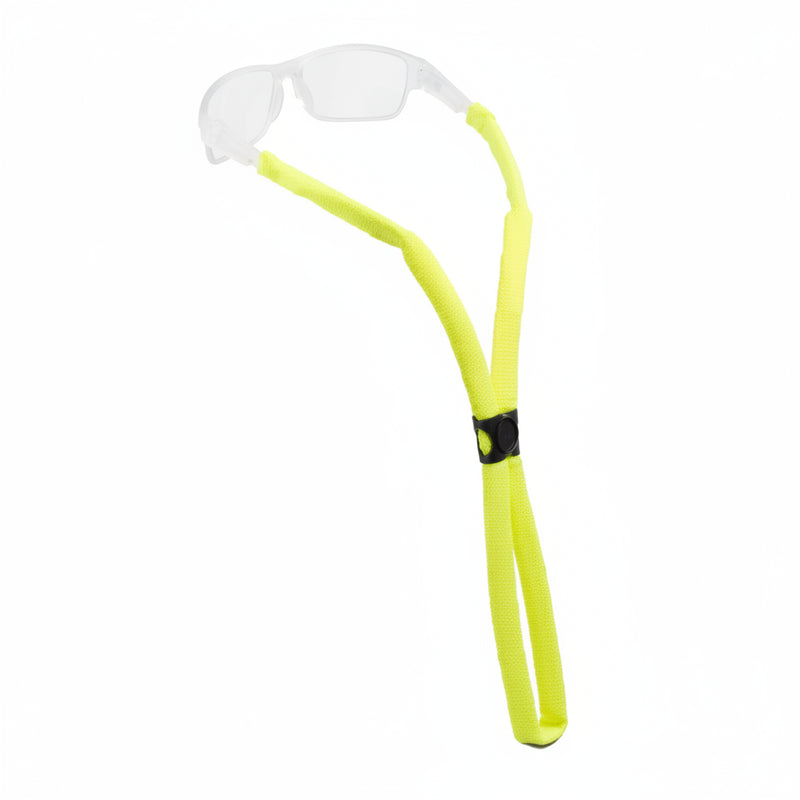 Neon yellow glasses strap with clear glasses attached