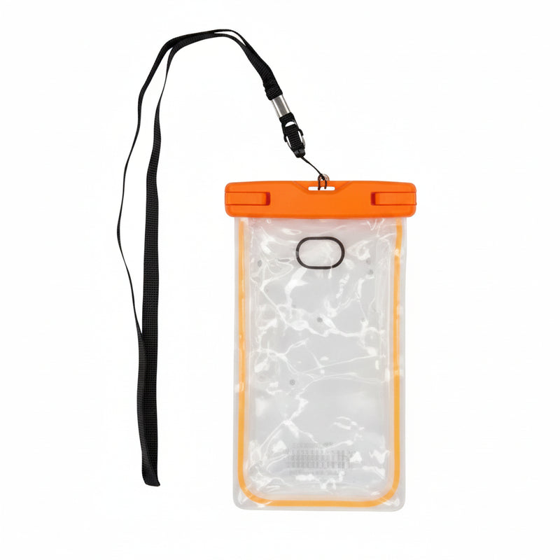 Orange and clear waterproof phone case with a black lanyard
