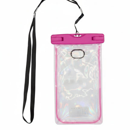 Pink and clear waterproof phone pouch with a black lanyard